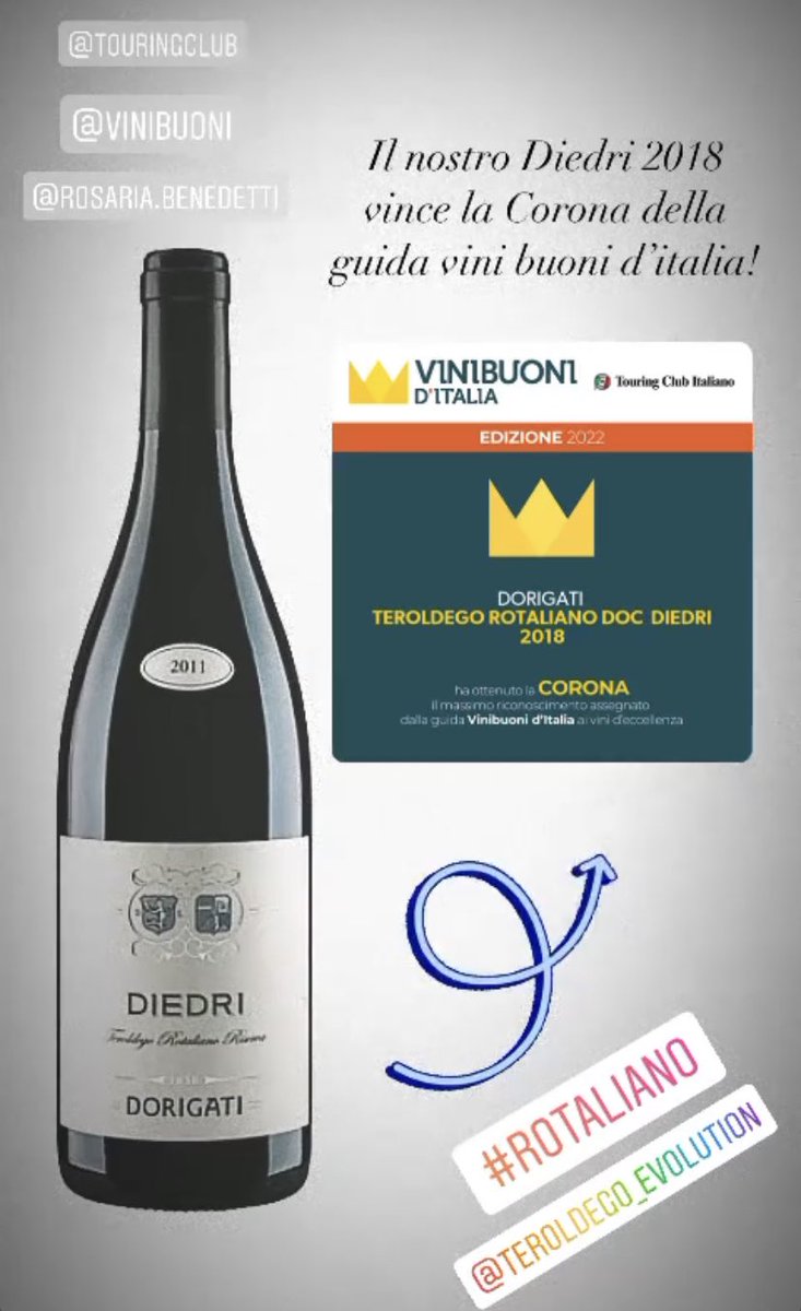 Corona <a href="/vinibuoni_it/">ViniBuoni d'Italia</a> per il nostro DIEDRI #teroldegorotaliano 2018.
#teroldego #teroldegoevolution #trentino <a href="/zingarodilusso/">Alessandro Rossi</a> <a href="/ConfcommercioTN/">Confcommercio TN</a>