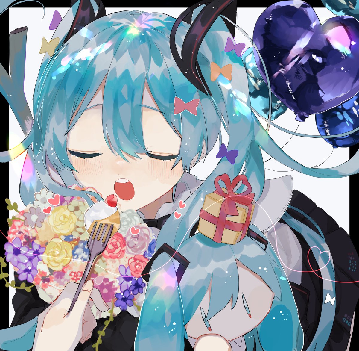 hatsune miku balloon closed eyes long hair twintails open mouth flower holding  illustration images