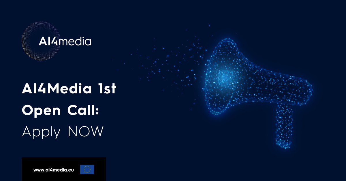 Ready, set… GO! AI4Media’s #opencall is open for business! 🔥
Do you need funding to boost your innovative research or applications in #AI for Media?
Then, learn how to apply to AI4Media’s #opencall.

🗓️Call open from Sept 1, 2021 to Dec 1, 2021
Info 👉bit.ly/AICall1