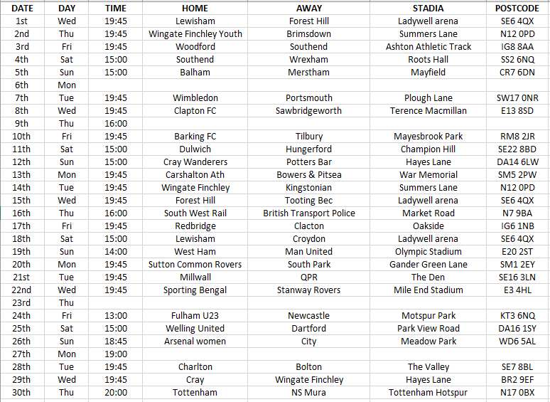 TobyPalmer's tweet photo. I'm not too sure why, because it's pretty stupid. But I've always wanted to go to a footy match every day for a month. 

Still waiting on a few fixtures to add, but here's the plan for September.

You can look forward to be complaining about here.

Thanks to @ldnfootyguide https://t.co/JAJkGbfA3E