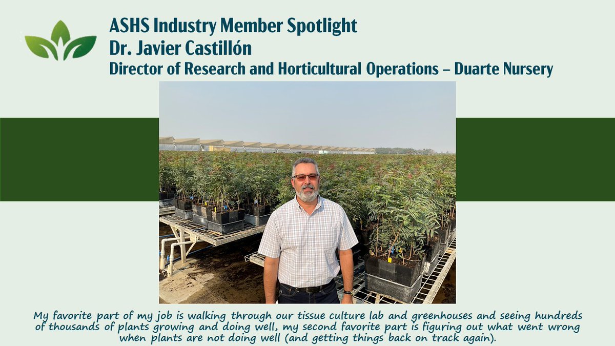 ASHS Industry Member Spotlight

Javier Castillón is the Director of Research and Horticultural Operations <a href="/DuarteNursery/">Duarte Nursery</a>. Javier credits ASHS with helping him to meet others working in his field as well as helping him keep up with the latest research.

ashs.org/page/industrym…