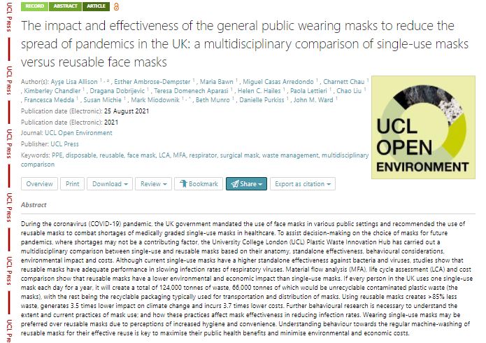 uclopen_env's tweet photo. Now published! 

Single-use or reusable face masks: what's more effective? Ayşe  Lisa Allison &amp; colleagues @PlasticWasteHub share their findings. 

https://t.co/cB3py9cSdC 

#PPE #EnvironmentalPolicy #EnvironmentalPractice #Sustainability @SusanMichie @UCLBehaveChange @of_Making https://t.co/bGd1bQXCxx