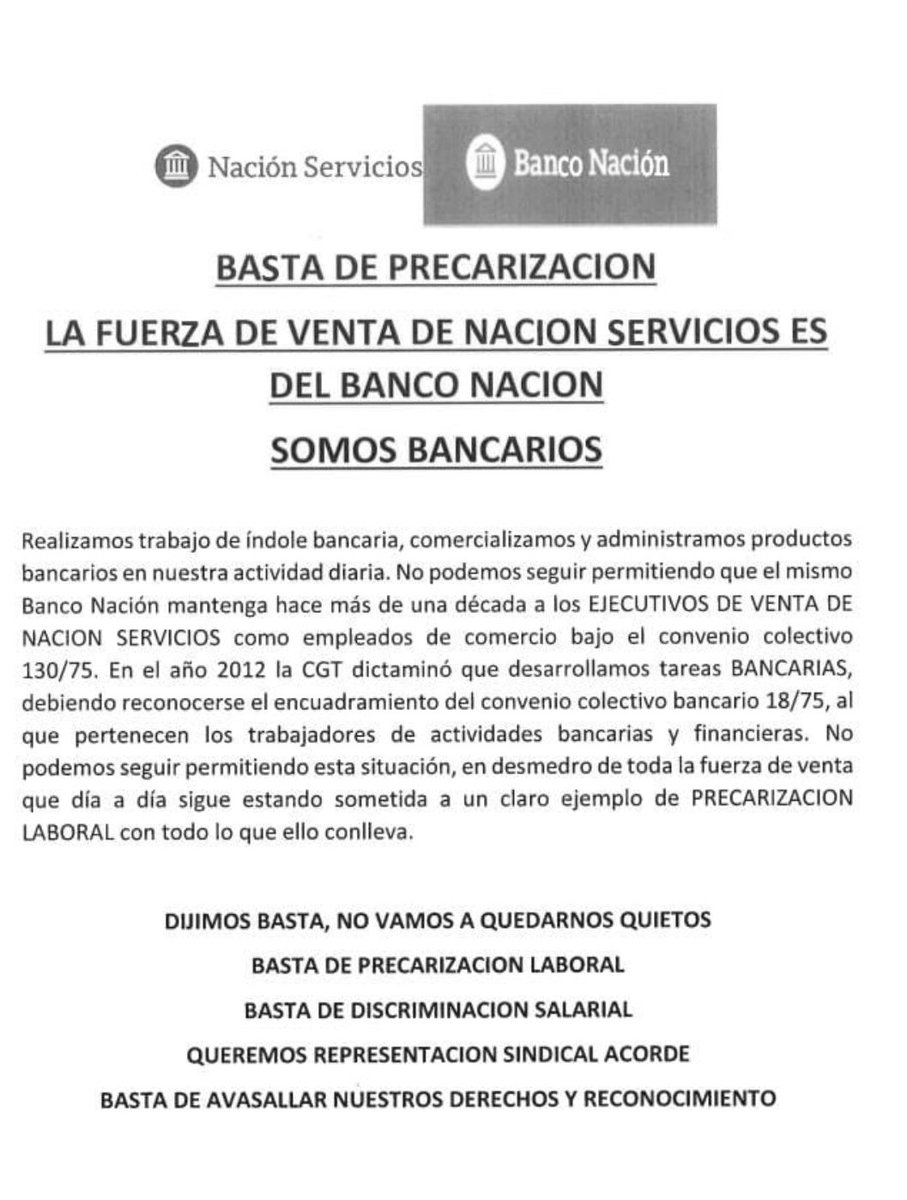 matiasraulandru's tweet photo. BASTA DE PRECARIZACION y TERCIARIZACION LABORAL #SomosBancarios La fuerza de ventas de BNA reclamamos el encuadre #BastaDeFraudeEnBNA RECONOCIMIENTO YA!  @Eduardo_Hecker
 @Lozano_Claudio @matiastombolini @Juli_Strada @La_Bancaria @NacionServicios https://t.co/1oa9vZMgzk