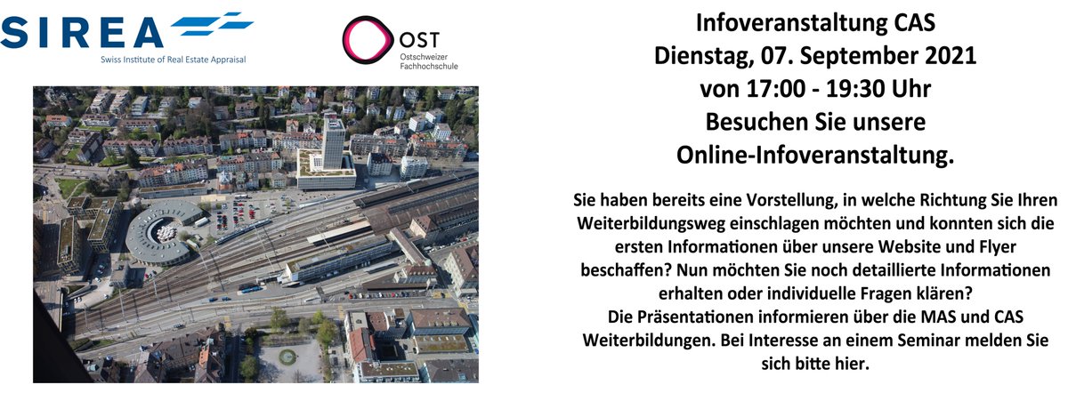 SireaAG's tweet photo. Haben Sie Fragen zum CAS Lehrgang an der OST? Dann melden Sie sich für den Infoanlass vom 07. September 2021 an: https://t.co/woiPH8E3yF
@SireaAG & @ost_fh stehen Ihnen für Fragen sehr gerne zur Verfügung.
#realestate #info #infoanlass #cas #immobilien #immobilienbewertung https://t.co/4Gl2TWKNU3