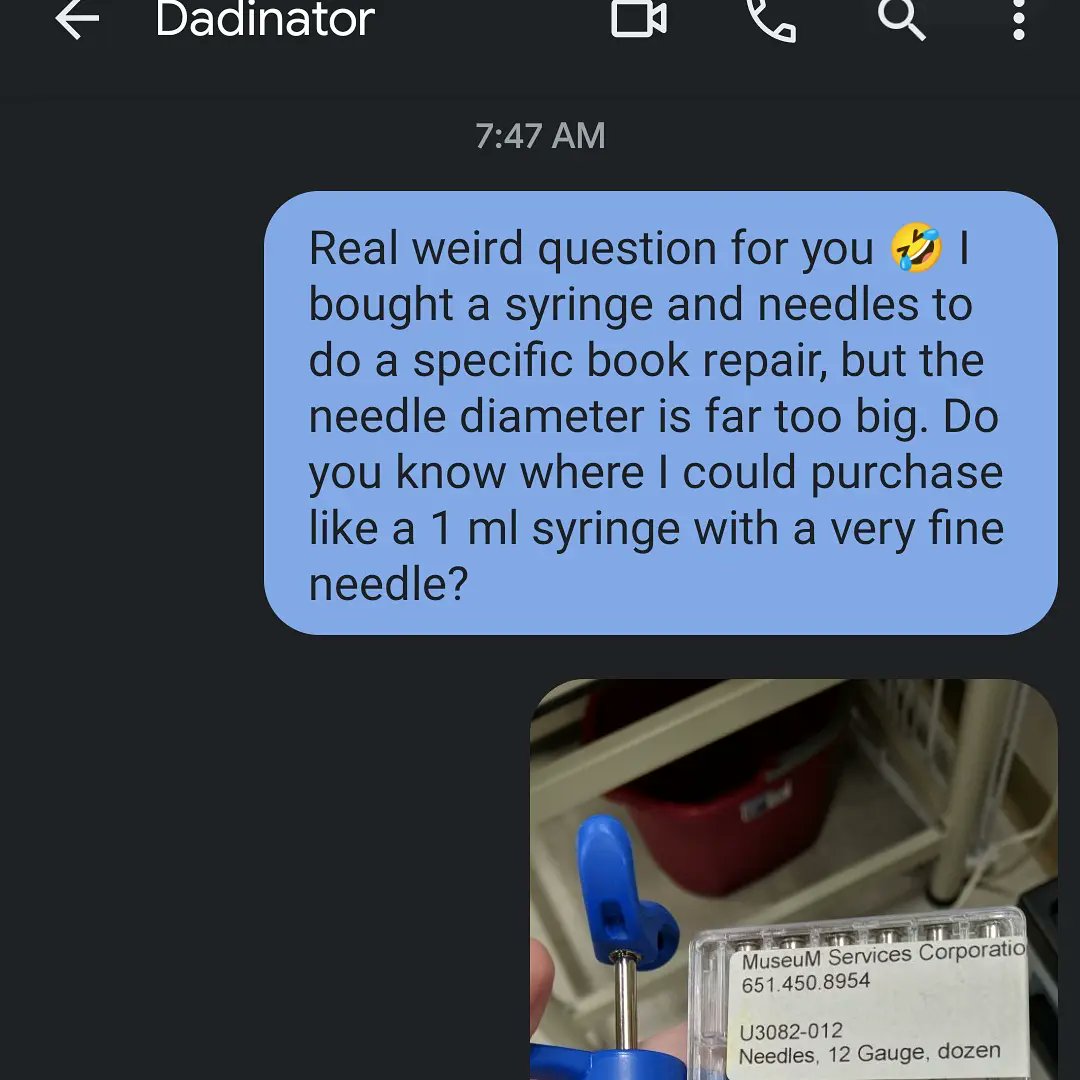 ConserveItAll's tweet photo. Text to my dad asking for help &amp; trying to be real careful not to sound like a drug addict 🤣 I promise this is a legit repair! 🤣

Sidebar: Anyone know where I can buy a micro-aspirator on the cheap?? 🤣💁🏻‍♀️
#ConservationLife #BookConservation #BookRepair #MyJobIsWeird #MyJobRocks https://t.co/Ay5Mx1bROX