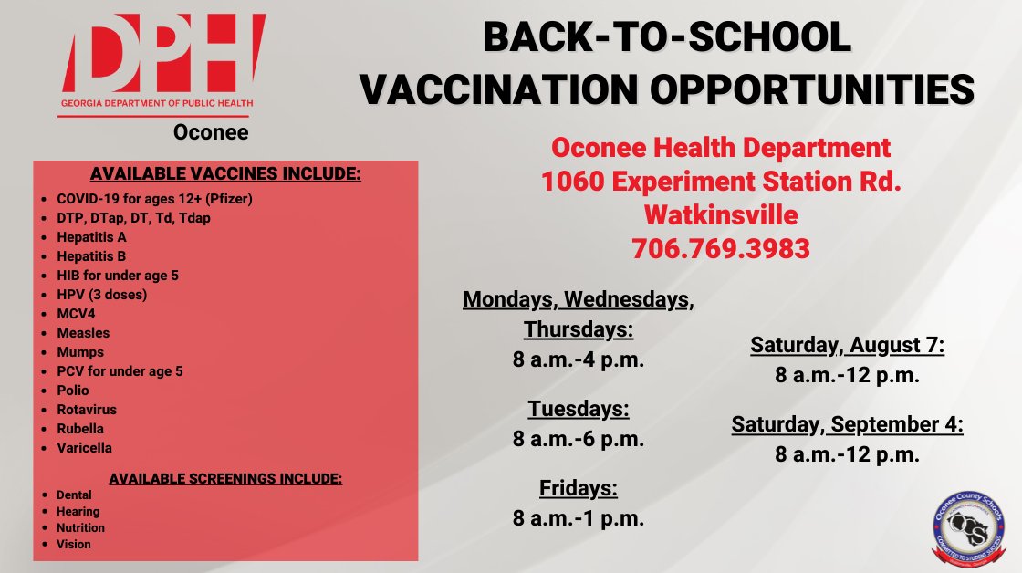 Reminder: Vaccinations are available M-F at the Oconee Health Department PLUS THIS SATURDAY! Now is a great time to check this off your list. ✅ Thanks to the Oconee County Health Department for this opportunity!