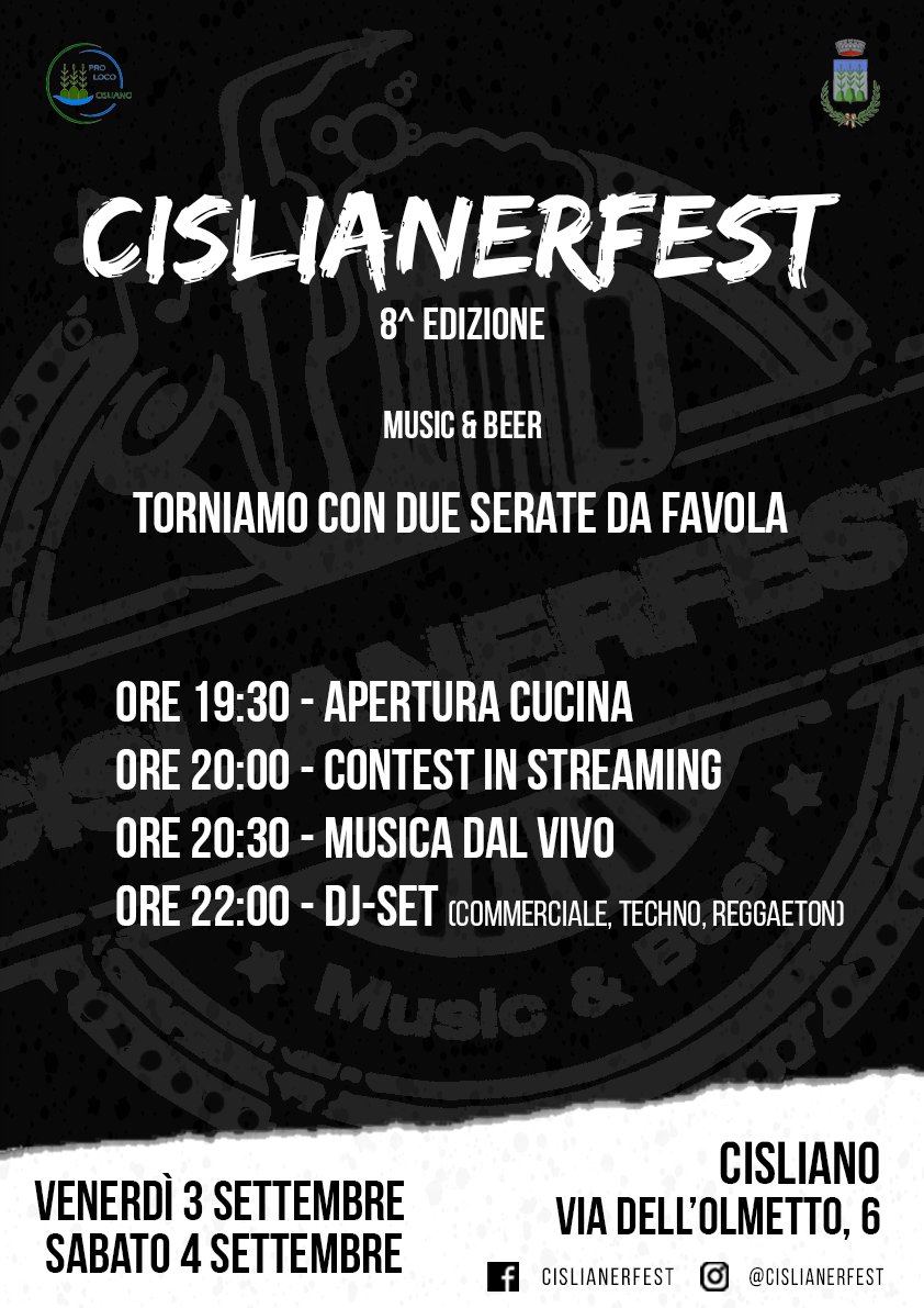 #Cisliano, venerdì e sabato 3 e 4 settembre torna il #Cislianerfest, giunto all'ottava edizione: musica dal vivo, dj-set, birra e cucina per una bella due-giorni di festa. Qui il programma completo: cislianerfest.wixsite.com/cislianerfest/…

#cislianerfest #cislianerfest2021 #lamusicanonsiferma