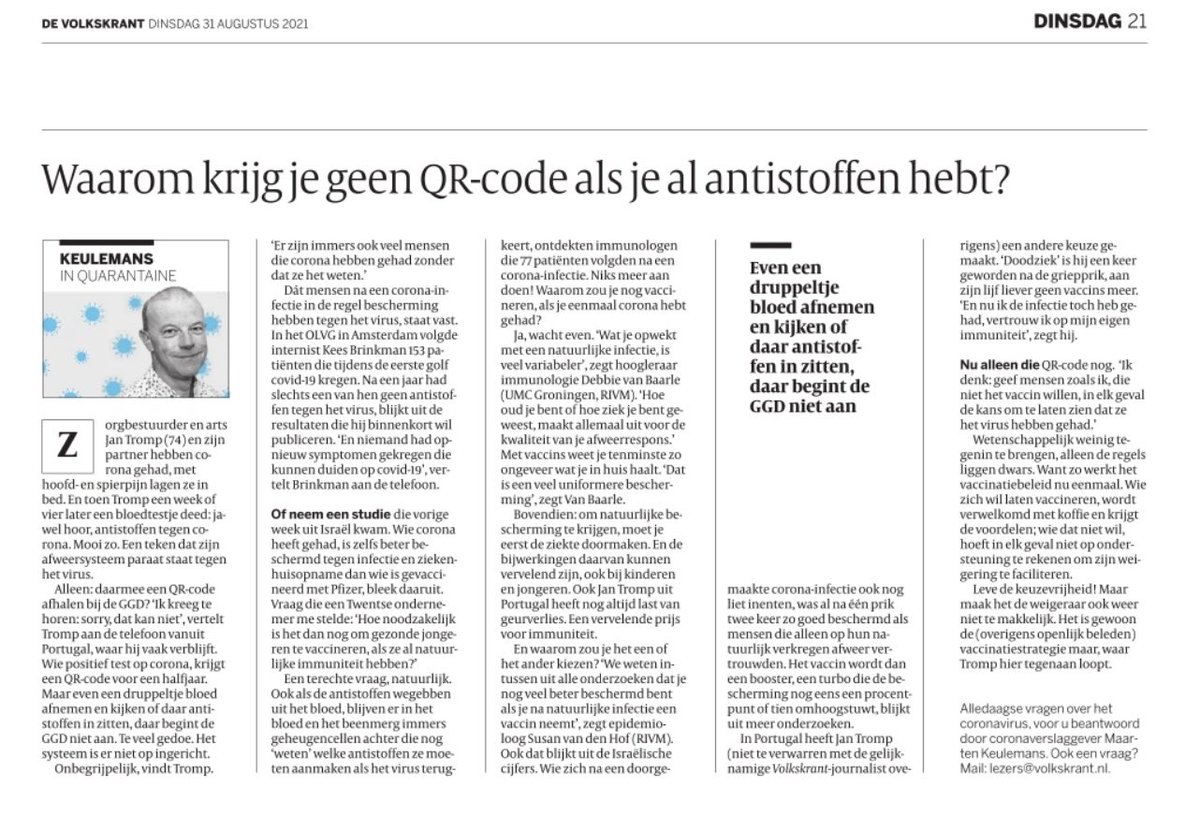 Vandaag verscheen deze blog in de VK. Ik ben benieuwd of lezers die zelf ook een COVID-19 hebben gehad mijn zorg over het beleid bij deze groep onderschrijven, of niet en waarom dan wel! Door- tweeten mag natuurlijk.