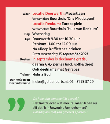 Ben je 65-plus? Wil je werken aan je conditie, balans, kracht &amp; coördinatie? En ben je graag buiten? Dan is GoldenSports echt iets voor jou!  

Woe 15 sept starten we in samenwerking met <a href="/RenkumvElkaar/">Renkum Voor Elkaar</a> &amp; GoldenSports een nieuwe beweegactiviteit voor 65 plussers.

Meer info 👇🏼