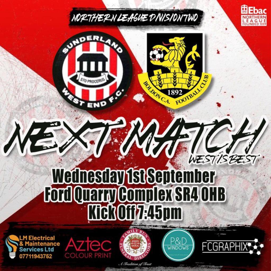 Northern League Division Two          

After a fantastic win on Saturday we go again Wednesday!!! Let’s get the quarry bouncing and get everyone down !!⚽️

📆 Wednesday 1st September 
🏆 Northern League Division Two
🏟 Ford Hub | SR4 0HB 
⏰ 7:45pm
💷 £5.00 or £3.00 concession