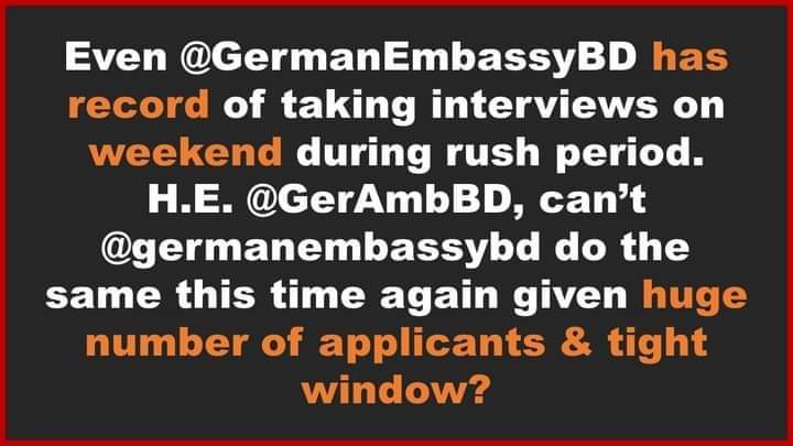 ProggaAngkita's tweet photo. H.E. @GerAmbBD GermanEmb in BD needs to replicate their efforts in the past, when they gave full priority to student visa keeping their dreams of higher studies in Germany intact. With all Covid related precautions, 50+ interviews per day will save the day.
#SpeedUpStudentVisa https://t.co/759XSi0hoP