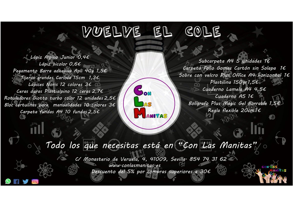 CLManitas's tweet photo. Os recordamos que en Con Las Manitas tienes todo el material escolar al mejor precio para la vuelta al cole!

#sevilla #sevillahoy #cole #material #escolar #colegio https://t.co/lYgKcmc2Tu