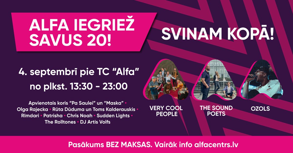Turpinot atzīmēt 20 gadu jubileju un jaunā mācību gada sākumu, 4. septembrī pie TC "Alfa" norisināsies bezmaksas festivāls "Alfa iegriež savus 20!" ar Latvijā labi zināmu mūziķu performancēm, street food un daudziem citiem pārsteigumiem! Uzzini vairāk: fb.me/e/2yuLP98Tj