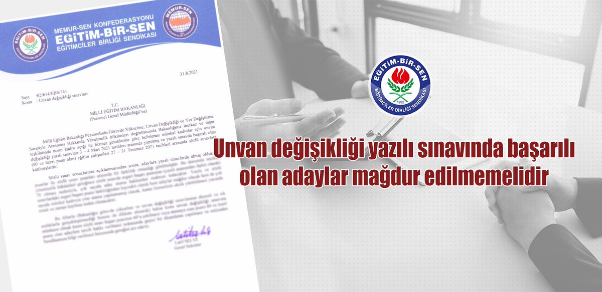 MEB’e başvurarak,unvan değişikliği yazılı sınavında başarılı bulunan adayların sözlü sınav başarı puanının 60’a çekilmesi veya atamaya esas puanı 60 ve üzeri puanı olan adaylara tercih hakkı verilmesi noktasında geçici düzenleme yapılmasını talep ettik.

ebs.org.tr/manset/5452/un…