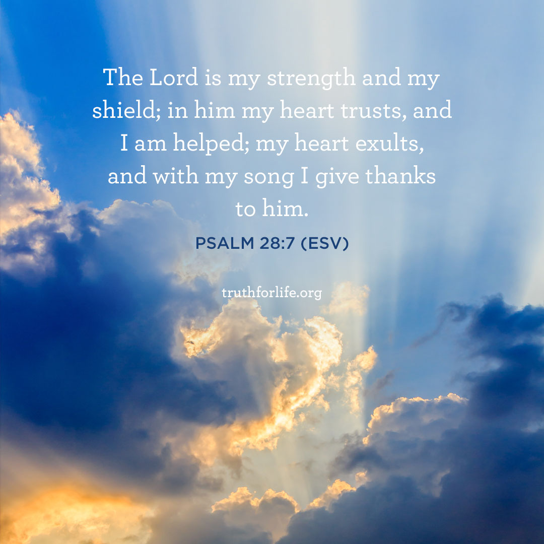 Psalm 28:7 The LORD is my strength and my shield; my heart trusts in Him,  and I am helped. Therefore my heart rejoices, and I give thanks to Him with  my song.