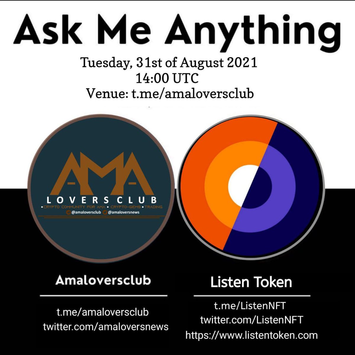 Listen NFT (@listennft) on Twitter photo We will be answering your questions in our AMA with <a href="/amaloversclub/">amaloversclub</a> at 2pm UTC (1 hour from now) in their Telegram group. Make sure to head over if you want to learn more about $LSTN token, Listen #NFTs and the Listen Campaign! We will be answering your questions in our AMA with <a href="/amaloversclub/">amaloversclub</a> at 2pm UTC (1 hour from now) in their Telegram group. Make sure to head over if you want to learn more about $LSTN token, Listen #NFTs and the Listen Campaign!