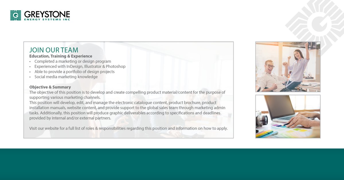 inc_greystone's tweet image. We are looking for a highly motivated, Marketing Graphic Designer.

For more information on this opportunity, please see the full description and how to apply on our website.
greystoneenergy.com/employment/

#job #opportunity #graphicdesigner #marketing