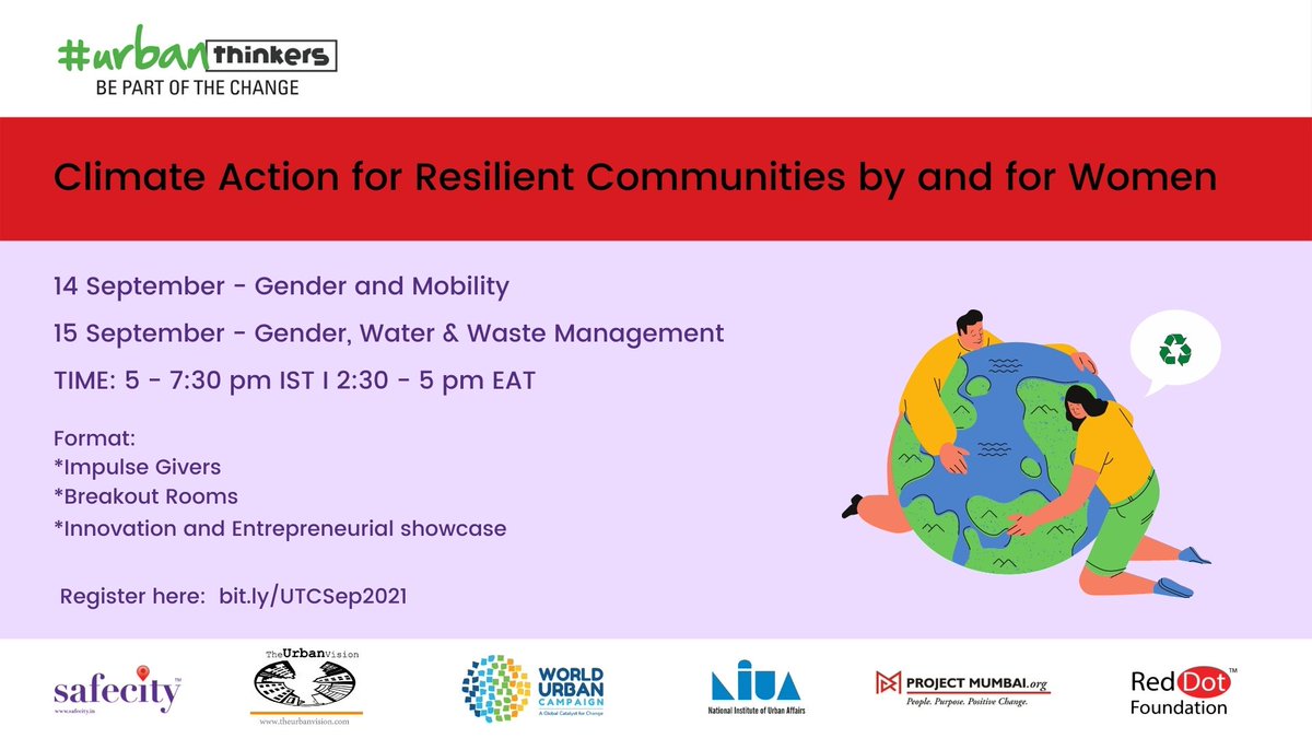 Please join us for our Urban Thinkers Campus on 'Climate Action for Resilient Communities by and for Women' on 14th and 15th September from 5:00 - 7:30 pm IST | 2:30 - 5:00 pm EAT.

Register here: bit.ly/UTCSep2021

#UrbanThinkers #TakeAction4Cities