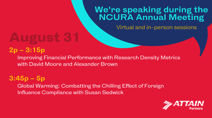 AttainLLC's tweet photo. Our experts are sharing best practices all week at NCURA’s Annual Meeting, including two sessions this afternoon!
Can’t make a session? Reach out to info@attainpartners.com and we will connect you with our experts.
#NCURAAnnual #AM63 https://t.co/rG3kceCPH1