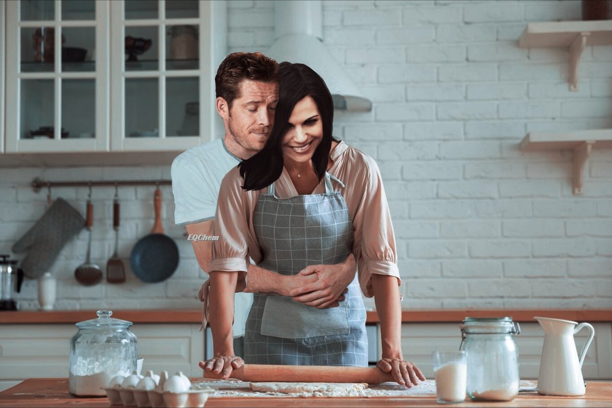 Finally for the #OutlawQueen #OQPromptParty entry #135, OQ baking a pie. Regina is teaching Robin but he's probably more interested in prompt #♋️ which might happen later. 😆 Many thanks to <a href="/oqprompts/">oqprompts</a> for the amazing month and lots of reading material as the awesome result! 💓