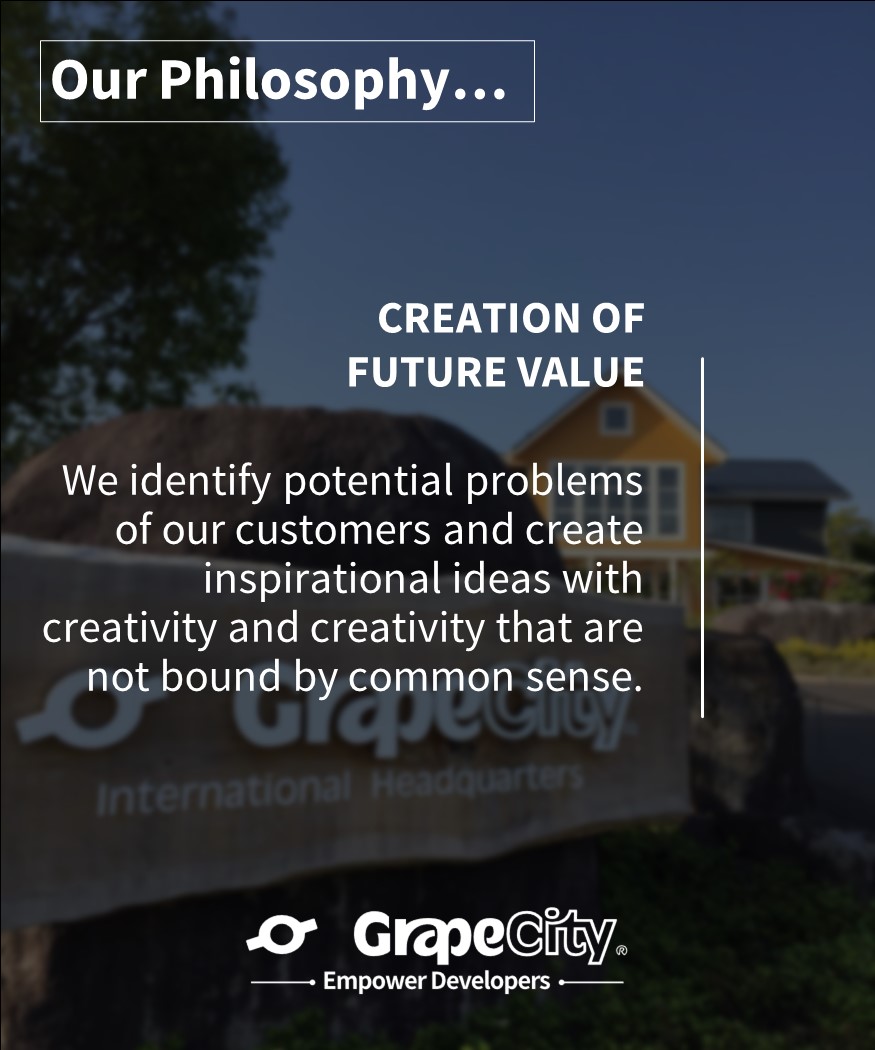 grapecity_al's tweet image. GrapeCity Philosophy ~ Creation of Future Value
#grapecityal #grapecitylife #valuesthatprevail #softwarecompany #softwaredevelopement #softwareengineering #creationoffuturevalue