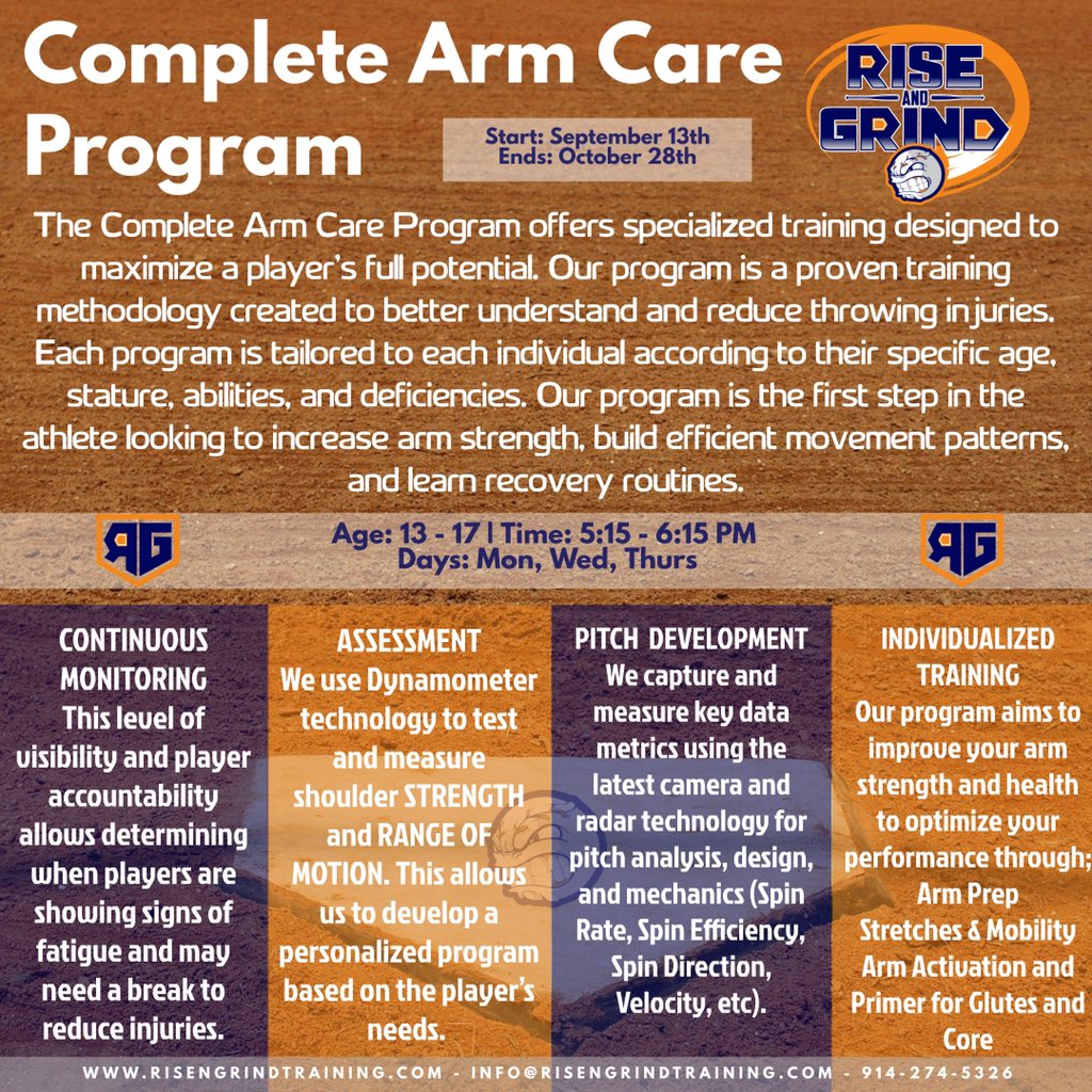 Registration for our Complete Arm Care Program is up!

We develop a personalized program based on the player’s unique needs. The first step in looking to learn warmup &amp; recovery routines, build efficient movement patterns and increase velocity.

LEARN MORE risengrindtraining.com