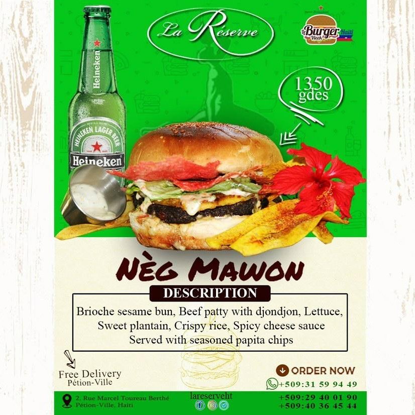 Two weeks of Burger goodness😊😋
We can't wait to have you at La Réserve for another flavourful experience!!!
We are open everyday 
from 7 AM to 10 PM 
until midnight on weekends
#lareserveht #experiencelareserve 
#leburgerweekht #heinekenhtsupportsouth #leburgerweek4southhaiti