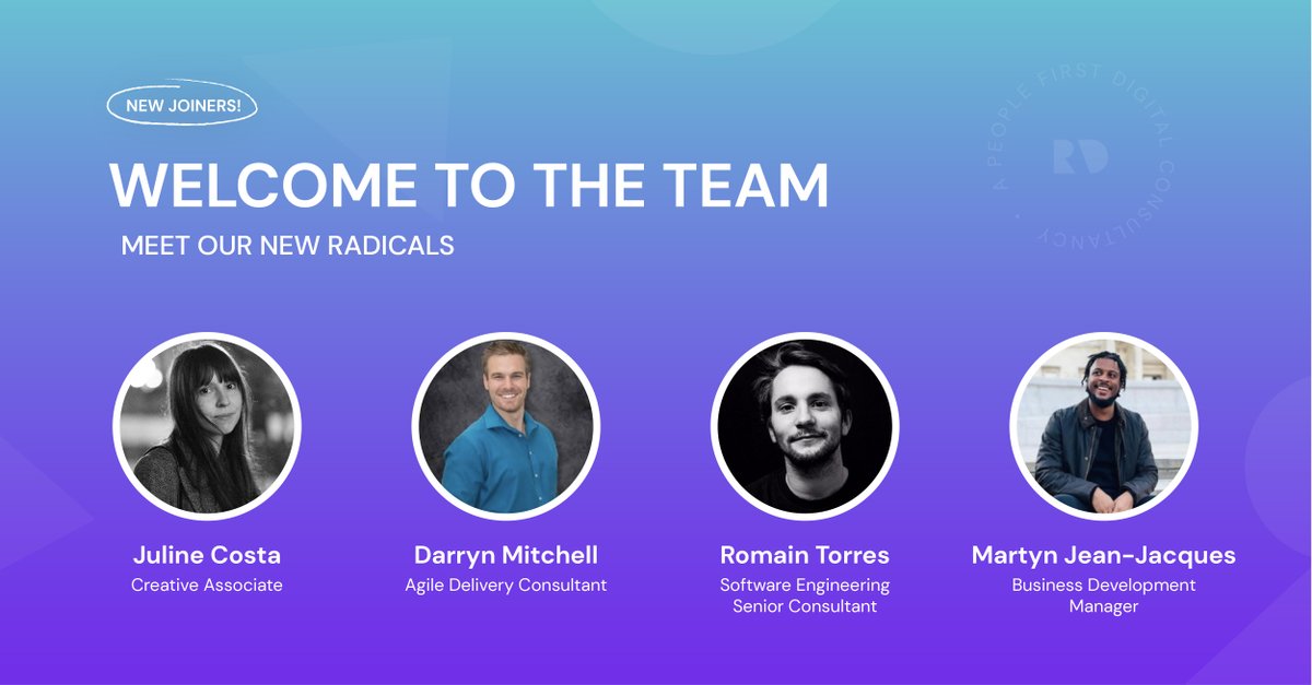RadicallyDigit2's tweet image. Juline Costa, Darryn Mitchell, Romain Torres and Martyn Jean-Jacques are now part of our evergrowing team;  welcome all to RAD!
#digital #growth #scaleup #team #smallbusinessuk #smallbusinessgrowth #growthstrategy #growthanddevelopment