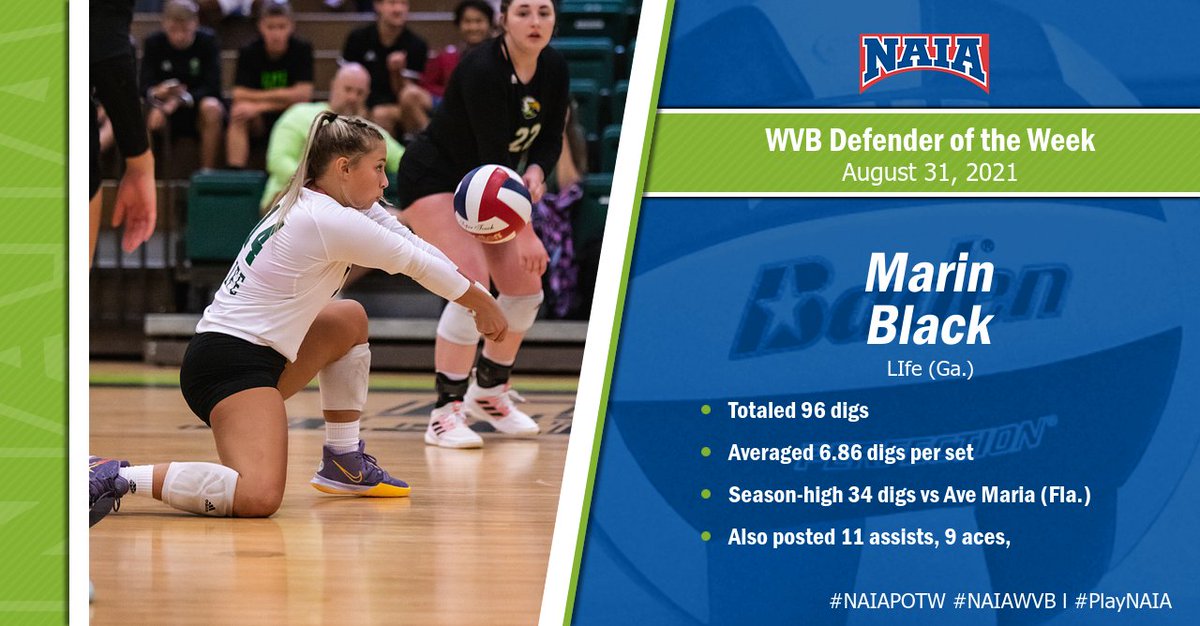 NAIA (@naia) on Twitter photo Wπ
Marin Black of <a href="/LifeUAthletics/">Life Running Eagles</a> is this week's defender of the week after going without a reception error over the weekend
#NAIAWVB #PlayNAIA #collegevolleyball #NAIAPOTW Wπ
Marin Black of <a href="/LifeUAthletics/">Life Running Eagles</a> is this week's defender of the week after going without a reception error over the weekend
#NAIAWVB #PlayNAIA #collegevolleyball #NAIAPOTW