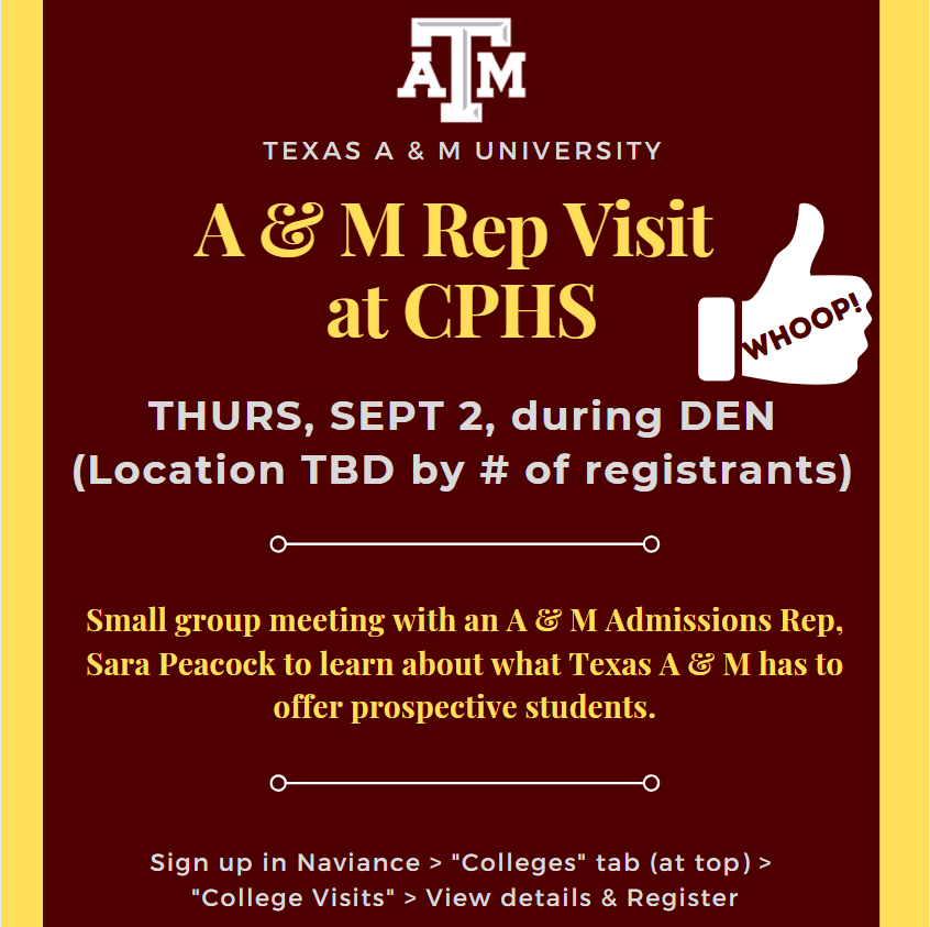 For our first Rep Visit since 2019!!!! we're welcoming T A &amp; M to campus on THURSDAY! Sign up in Naviance; location to be determined after registration numbers are in.