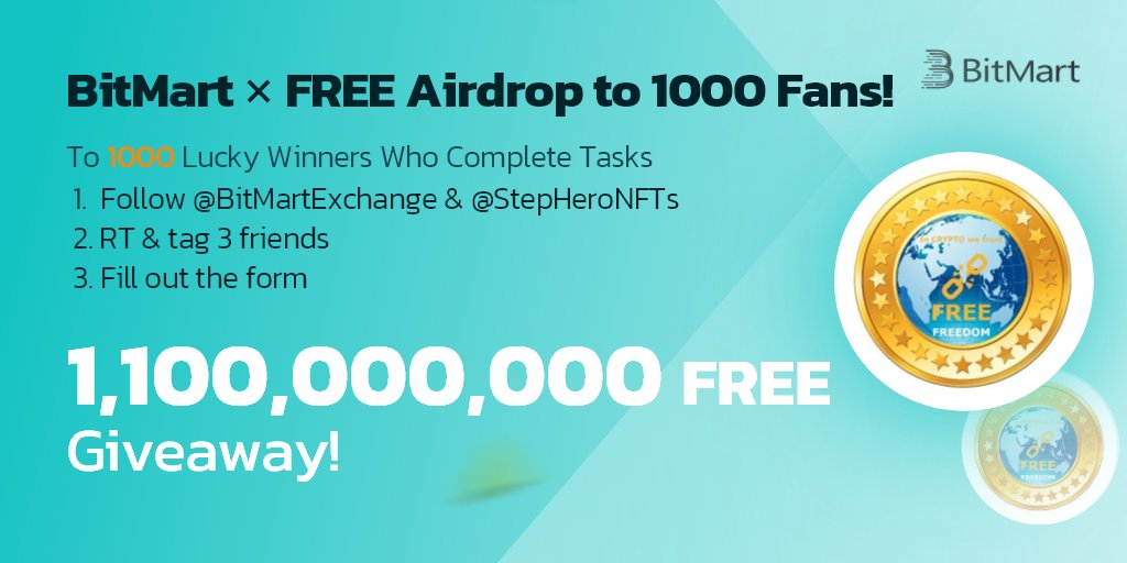 BitMartExchange's tweet image. 🎉 We are giving out 1,100,000,000 $FREE
💰 To 1000 lucky winners. 

1️⃣  Follow @BitMartExchange &amp;amp; @THE_FREE_COIN
2️⃣  RT &amp;amp; tag 3 friends
3️⃣  Fill out Form: forms.gle/igA1cFpjHmKguH… 
⏰ By 10 AM Sep 15 (EDT)
#FREE 

👉 To Win More support.bmx.fund/hc/en-us/artic…