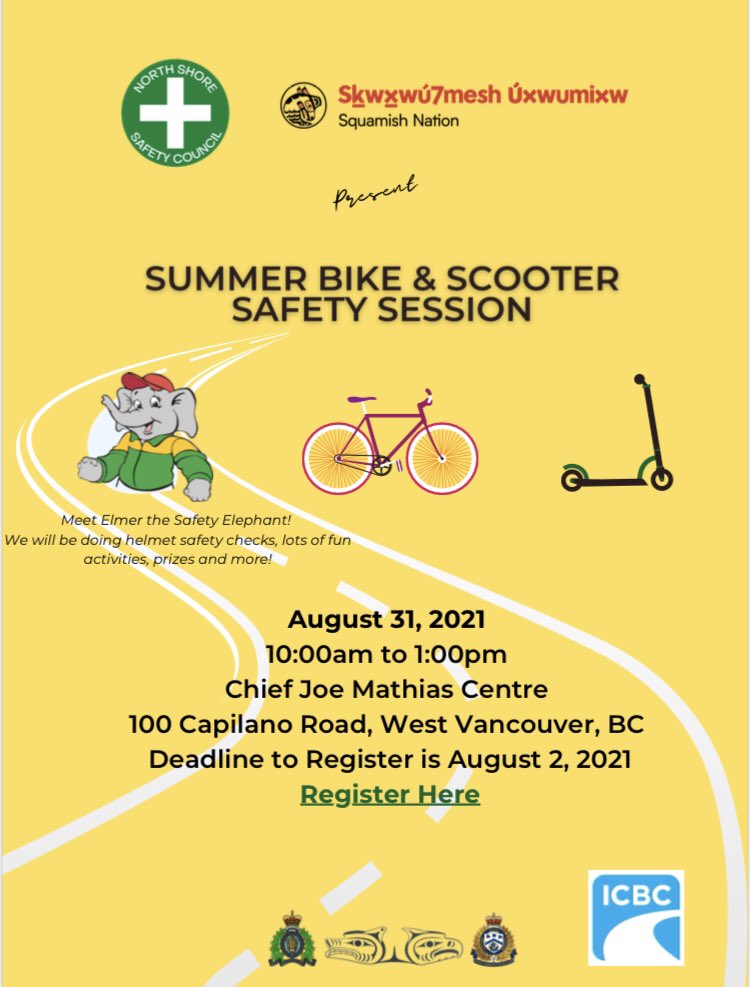 We are all setup and ready for the “Summer Bike and Scooter Safety Session” at @SNRecCentre Come down & join in all fun activities setup by our partner groups @nsscbc @icbc @ifnu_bc @DNVFRS @WestVanFireDept @Foundry_NShore @SquamishNation #NorthVan #communityday @RoadSafetyLou