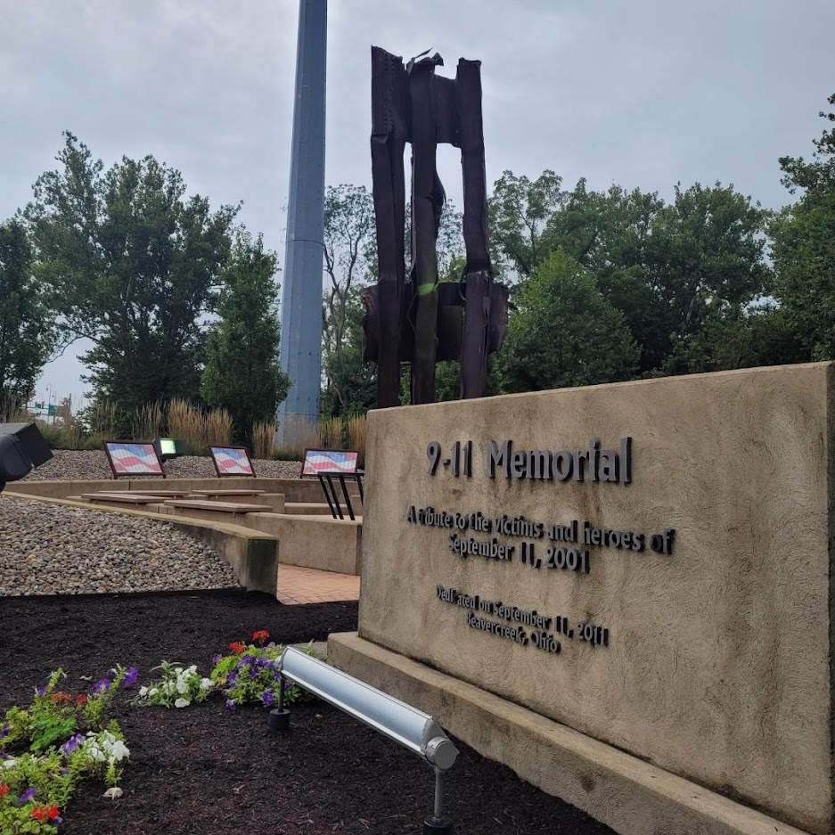 2021 Ride For America - Stage 26 Dayton to Columbus OH We planned a visit to the 9-11 Memorial in Beavercreek, OH this morning. It is just outside Dayton.
The twisted steel was once located in the North Tower between the 101st and 105th floors. It stands nearly 25 feet tall.