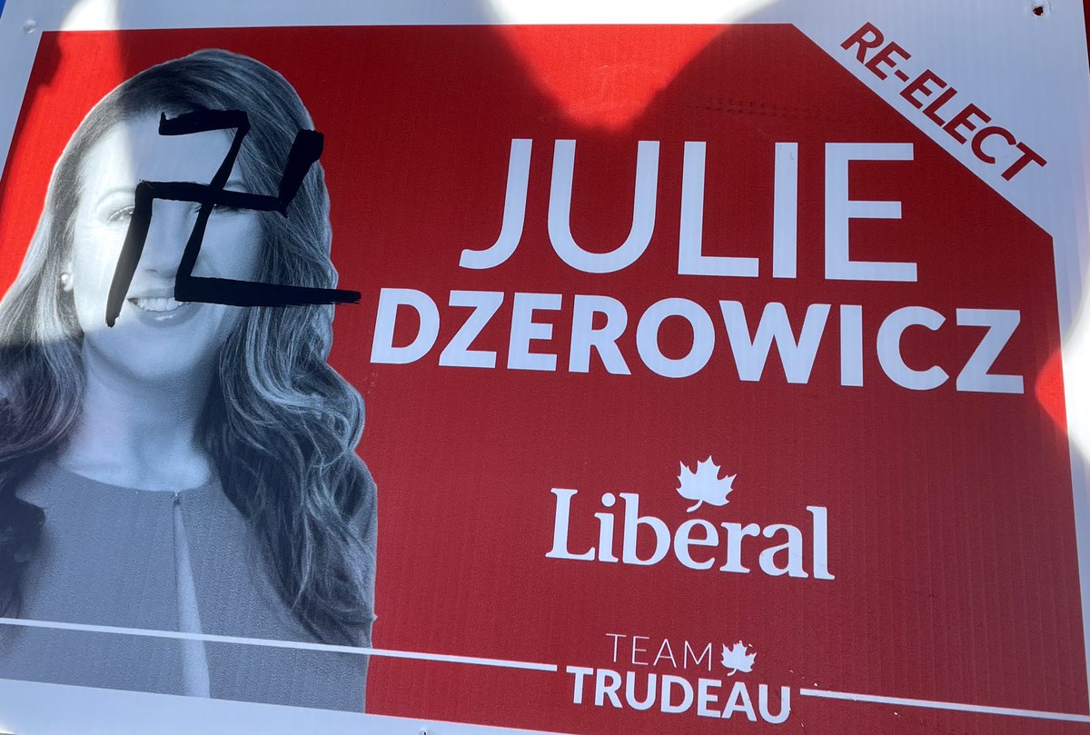 JulieDzerowicz's tweet photo. Whatever your political stripe is, we should all agree that this is unacceptable behaviour.

My team works hard to put up these signs.

Your vandalism doesn’t intimidate us.

This will only make us work even harder.

#Elxn44 #DavenportTO #Cdnpoli https://t.co/gFGkr5DBUx