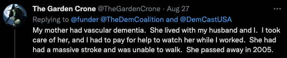 This is the reality we all face. Any of us could become a caregiver to a spouse, parent or child. We must #investincare to support loving, dedicated people like @TheGardenCrone and raise standards for all homecare workers.