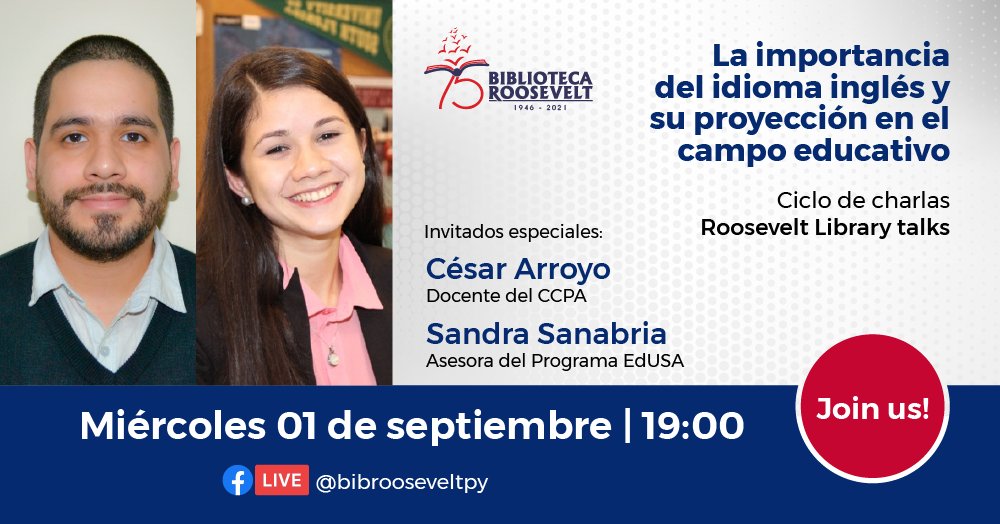 laembajada's tweet image. La @bibrooseveltpy del @CCPA_paraguay invita a esta charla gratuita en el Ciclo de Charlas #LibraryTalks 🧑💻👌
👉Unite mañana a las 19 horas en la fan page de la Biblioteca Roosevelt en Facebook facebook.com/bibrooseveltpy/