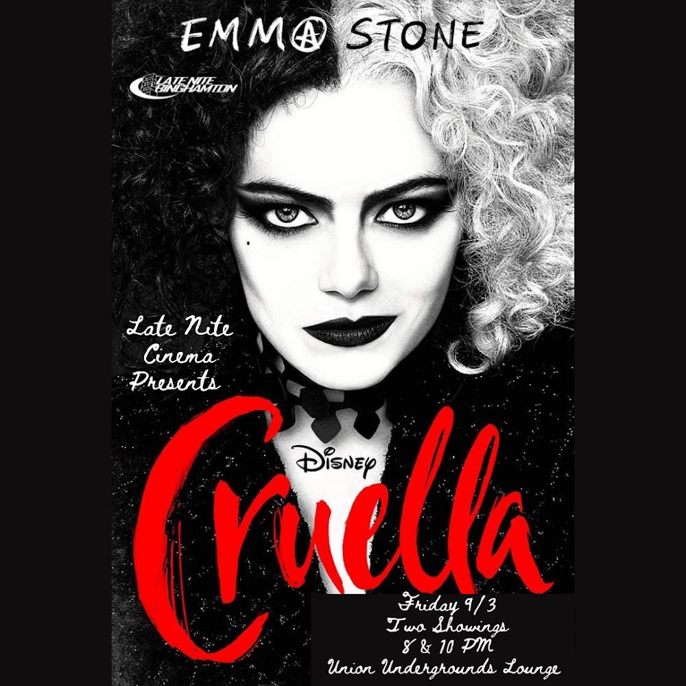 LateNiteBing's tweet photo. Join Late Nite this weekend for two showings of Disney’s Cruella! Discover the backstory of one of the most iconic Disney villains. Popcorn and soda provided. ❤️🐾🖤 https://t.co/muB4HvD0Eo