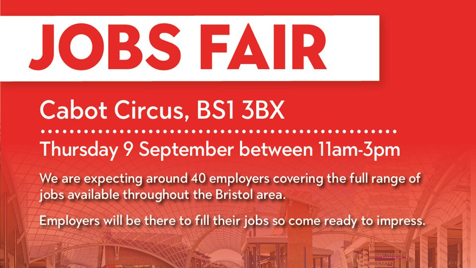 NOT TO BE MISSED! OPEN TO ALL

Thursday 9th September
<a href="/CabotCircus/">Cabot Circus</a> #Bristol
11:00am to 3:00pm

Vacancies from employers across all employment sectors, come along and find that new job.

#BristolJobs #JobsFairs
@NC_SWandOxon @Ways_2_Work <a href="/works4youthSG/">works4youth</a>