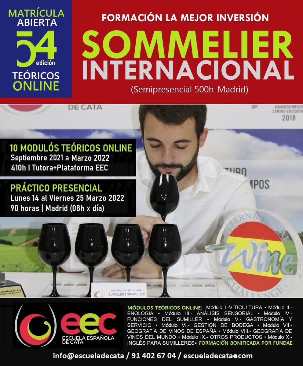 Matricula abierta en #54CursoInternacionaldeSommelier I 04 plazas disponibles I #10MódulosTeóricos #Online vía plataforma #MoodleEEC y el apoyo de Tutora I Del 15 Set 2021 al 13 Mar 2022 l #PrácticoPresencial del 14 al 25 Mar 2022 l escueladecata.com