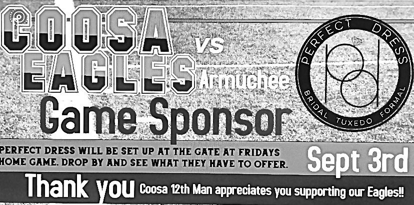 CoosaHSFootball's tweet photo. Thank you to Perfect Dress as this weeks Game Sponsor. Look for them Friday night at the Gate. #WingsUp https://t.co/cFNHB9HPjw