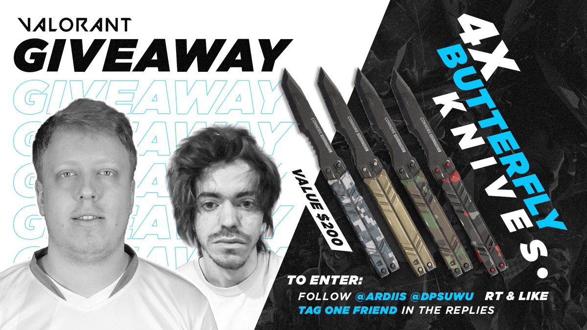 🎉🎁 4x VALORANT BUTTERFLY KNIVES GIVEAWAY ($200) 🎁🎉

How to Enter:
✅ Follow me <a href="/ardiis/">ardiis</a>
✅ Follow <a href="/dpsuwu/">Harry</a>
♻️ Retweet &amp; Like this post
🙋‍♂️ Tag a friend
🍀Good luck! #VALORANT🍀

🏆 Winners announced 5th September 🏆