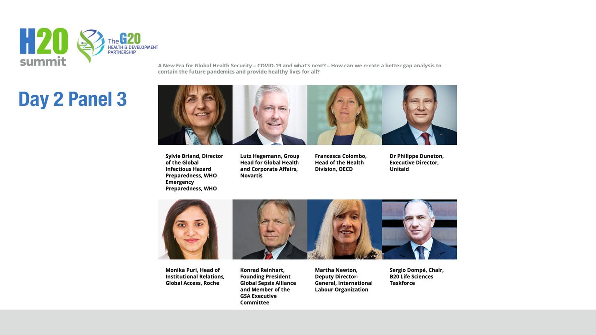 G20Partnership's tweet photo. 📢 Meet the panellists joining H20 Summit Day 2 to discuss what's next for global health security after #COVID19 🌍💉
@drmonikapuri
@SCBriand 
@FranColombo2019
@DrDuneton 
@WorldSepsisDay 

Sep 2 | 15:30-16:45 BST
Register here➡️ https://t.co/EkLokHtAAH
#Health20SummitRome 
#G20 https://t.co/dI3kmpd0JJ