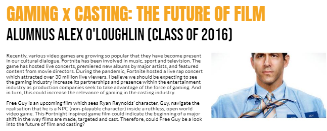 BoltonSchAlumni's tweet photo. Thank you to Old Boy Alex O'Loughlin (Class of 2016) for his piece in the recent edition of Creatives Now, Summer 2021; Gaming X Casting: The Future of Film.

The full article can be read here; https://t.co/crKsKOioyx
#BSAlumni
#BoltonSchool https://t.co/jJrFy51qKM