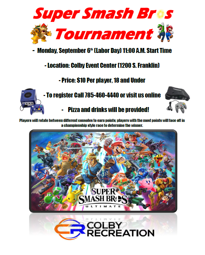 Colby Rec is hosting a Super Mario Smash Bros. Tournament this coming Monday! (Labor Day) This is a no school day for Colby and the surrounding areas. Players will rotate between different consoles to earn points (Nintendo 64, GameCube, Wii)