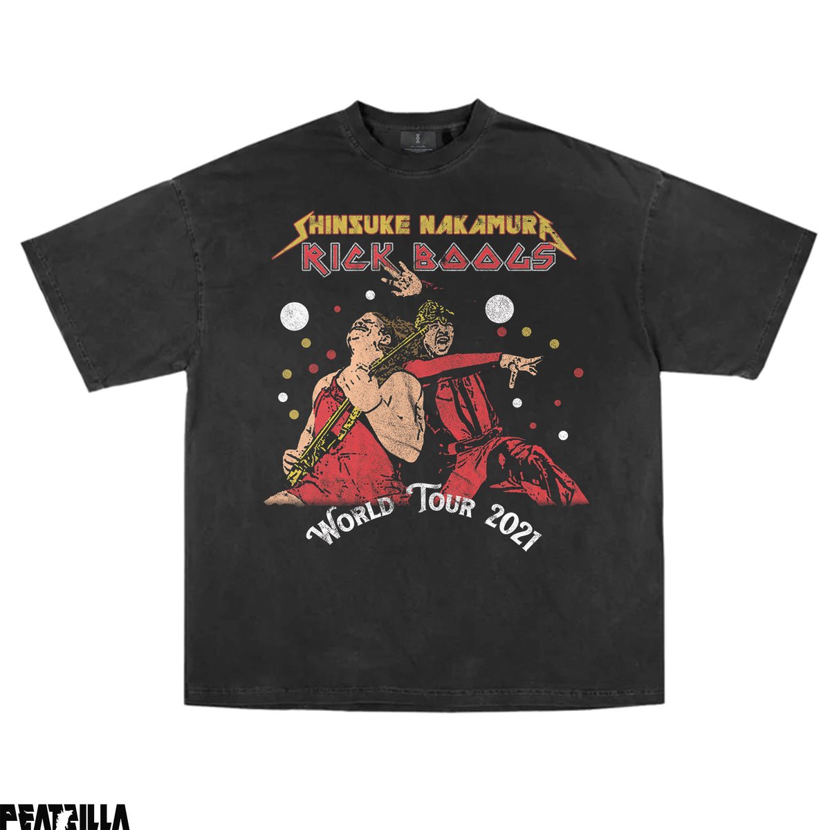 PArtwrk's tweet photo. NFS just a fanart .@rickboogswwe &amp; @ShinsukeN in the style of 70s rock band tees !! #wrestlingfanart #bootlegtees https://t.co/PWq0XqcrY2