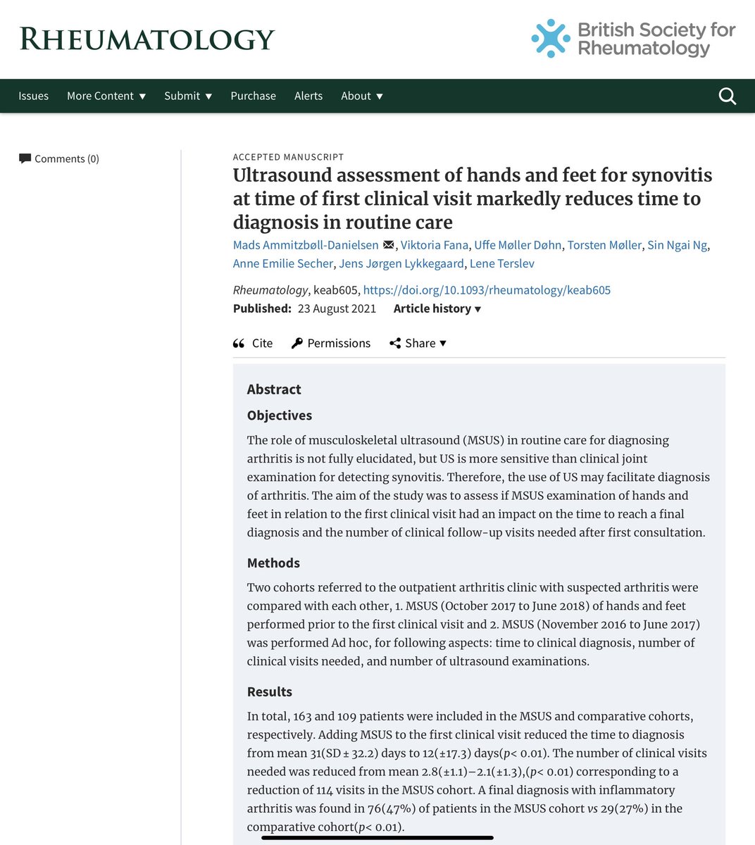 Ultrasound assessment of hands and feet for synovitis at time of first clinical visit markedly reduces time to diagnosis in routine care. ☝️ This is why Rheumatologists must implement MSKUS more frequently in the office, when its use is justified. 👉