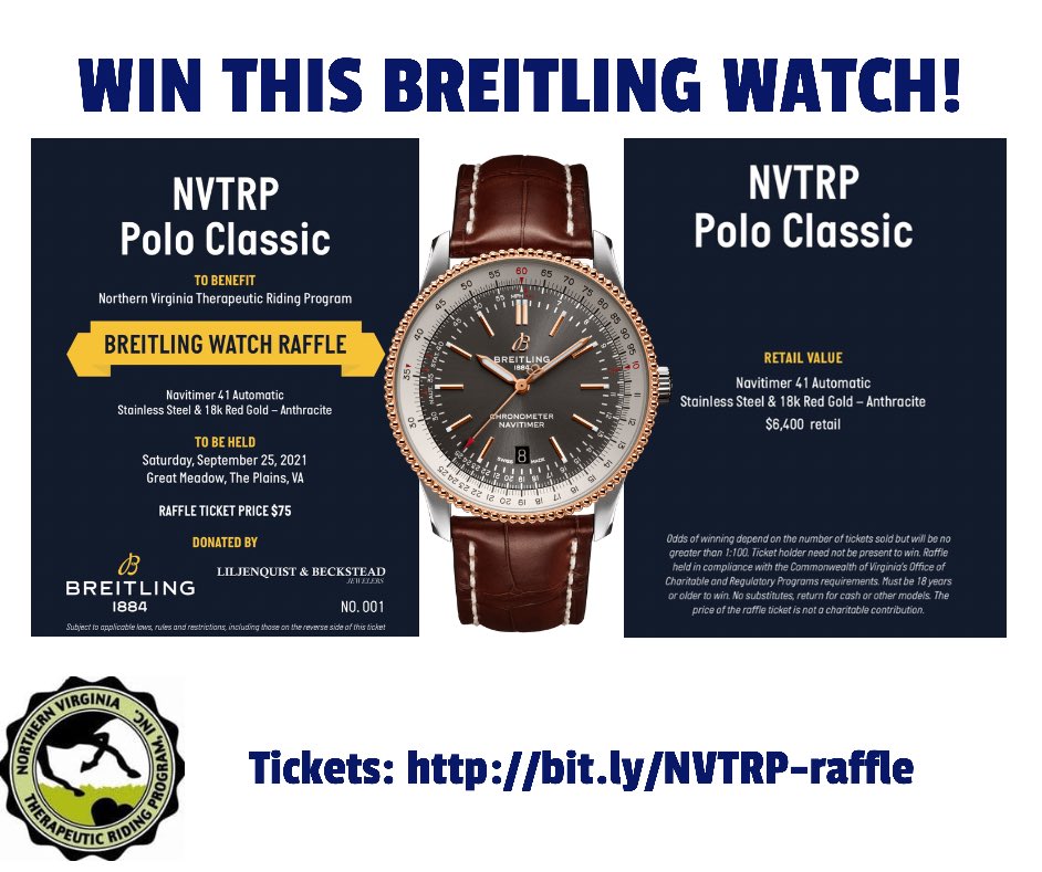 In support of our upcoming Polo Classic, we are raffling a beautiful Breitling Navitimer 41 watch. Buy your raffle ticket today and support NVTRP! Only 100 tickets will be sold. Details: bit.ly/NVTRP-raffle 🐴

#breitling #NVTRPpoloclassic #RaffleAlert