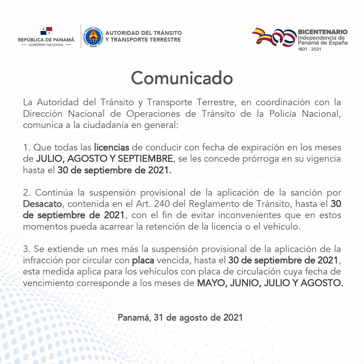 ATTTPanama's tweet photo. Comunicamos a la población general que extendemos la suspensión provisional para la aplicación de las sanciones por PLACA VENCIDA y DESACATO, además se extiende un mes más la prórroga en su vigencia a LICENCIAS de conducir. #UnidosLoHacemos🇵🇦 https://t.co/NIHp3drb9H