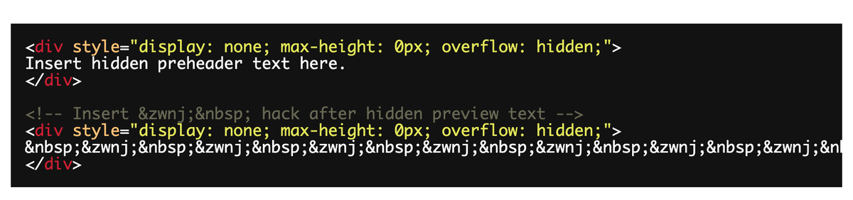leemunroe's tweet photo. Neat little preview text trick for email marketers / developers from @jainamistry — add a chain of zero-width non-joiners (‌&amp;zwnj;) and non-breaking spaces (&amp;nbsp;) after the preview text you want displayed to avoid other content being pulled in https://t.co/IrEmXeMa22 https://t.co/zKE2hgygB6