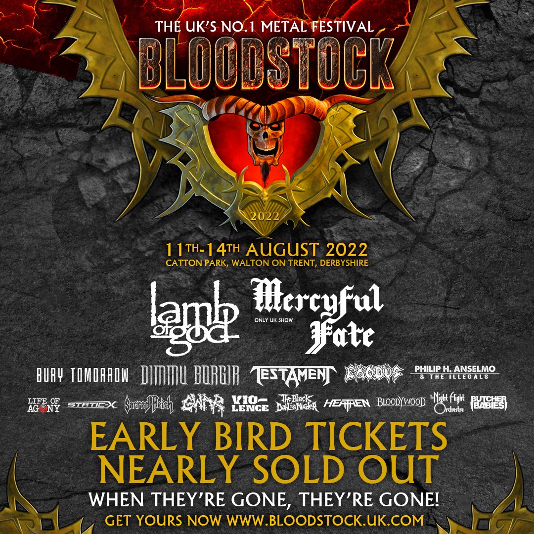 #BOA22 Early Bird tickets have nearly sold out! If you want to grab your #BOA22 weekend tickets at a reduced Early Bird price you need to secure your tickets SOON 🎟 bloodstock.seetickets.com

*when Early Bird tickets sell out, standard, full price weekend tickets will be available